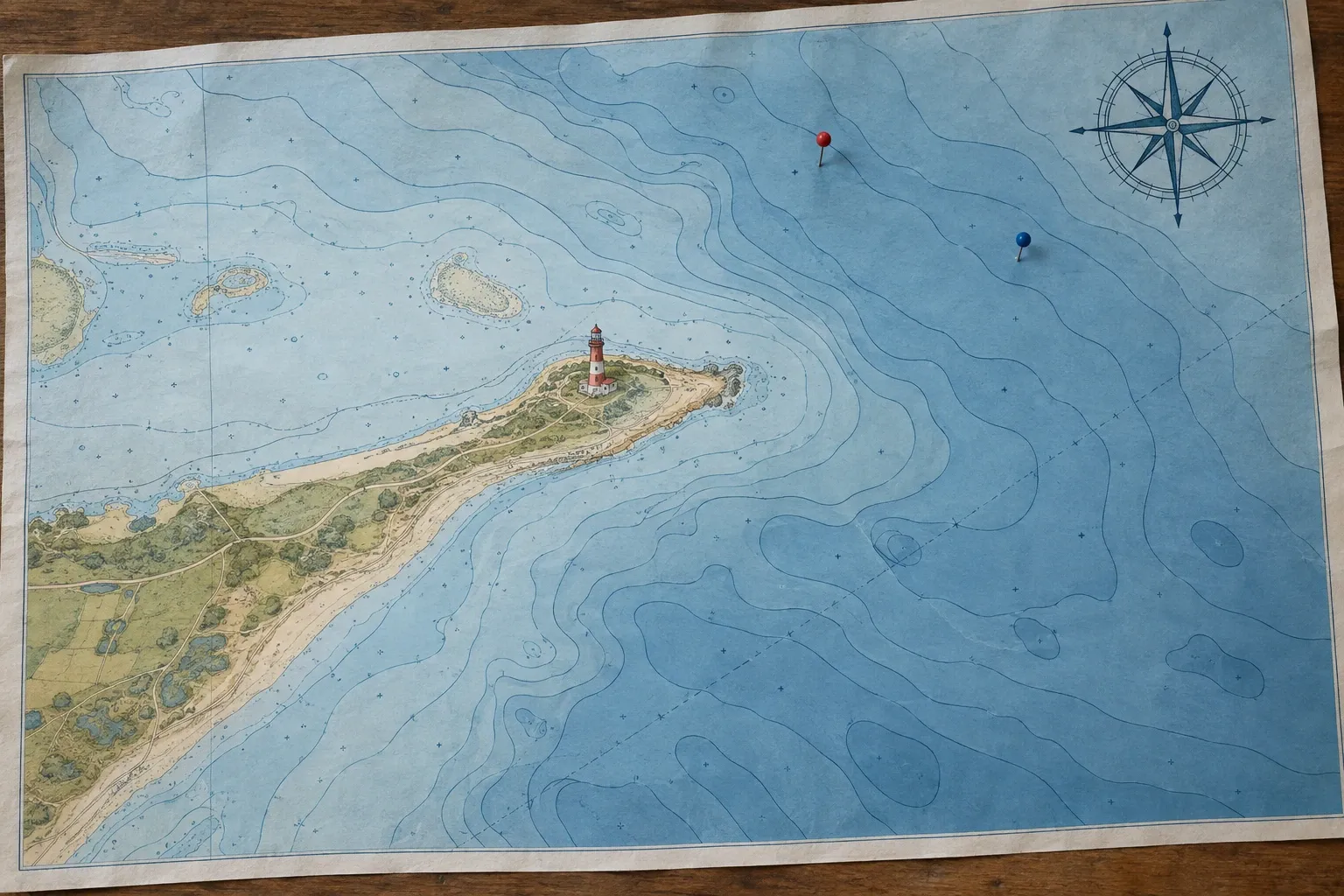 Zeekaart met dieptelijnen, vuurtoren, kompasroos en twee kaartspelden