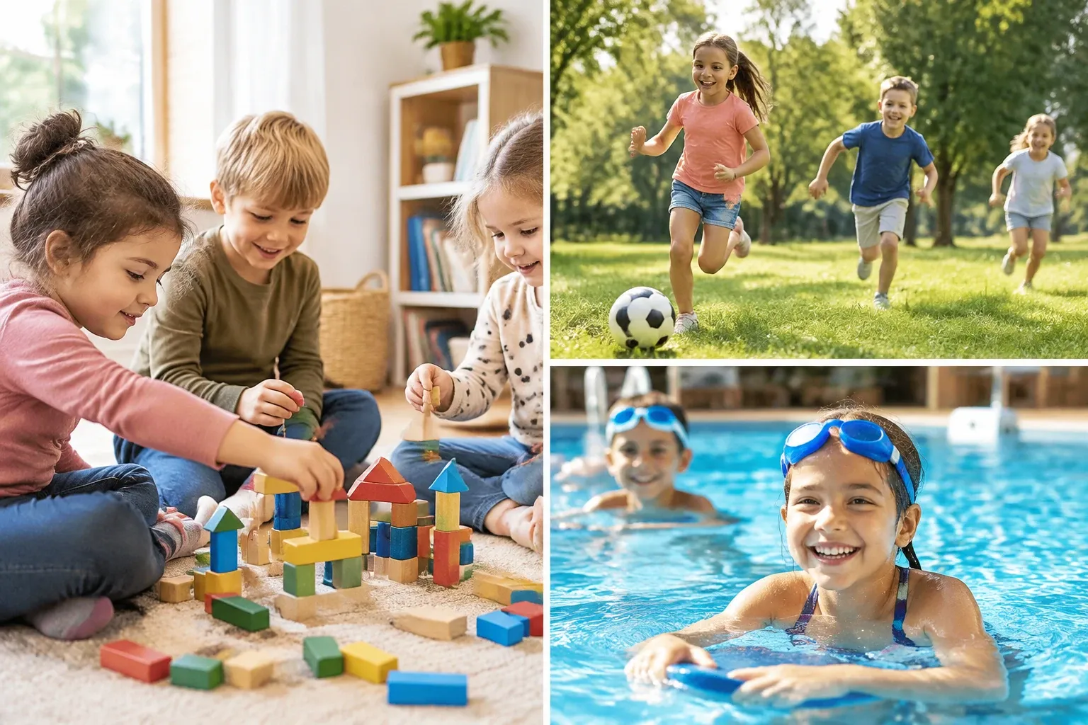 Drie scènes: kinderen bouwen met blokken, rennen met voetbal, zwemmen en spelen in zwembad
