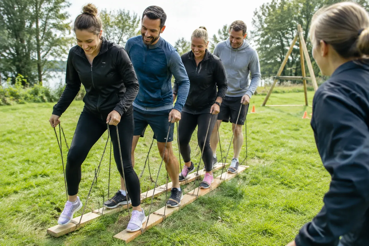 Vijf collega’s in sportkleding lopen samen op teambuilding ski-planken in graspark